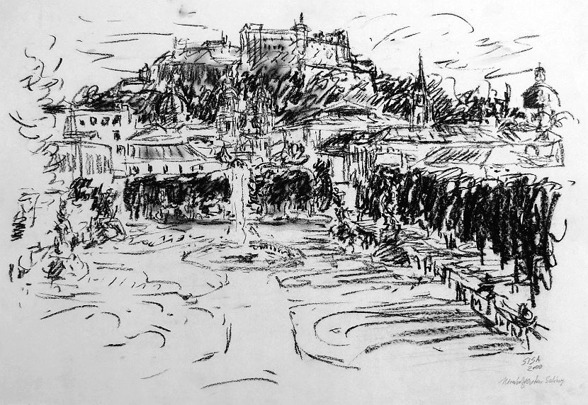 SALZBURG - MIRABELLGARTEN, Kohle, 50 x 70 cm